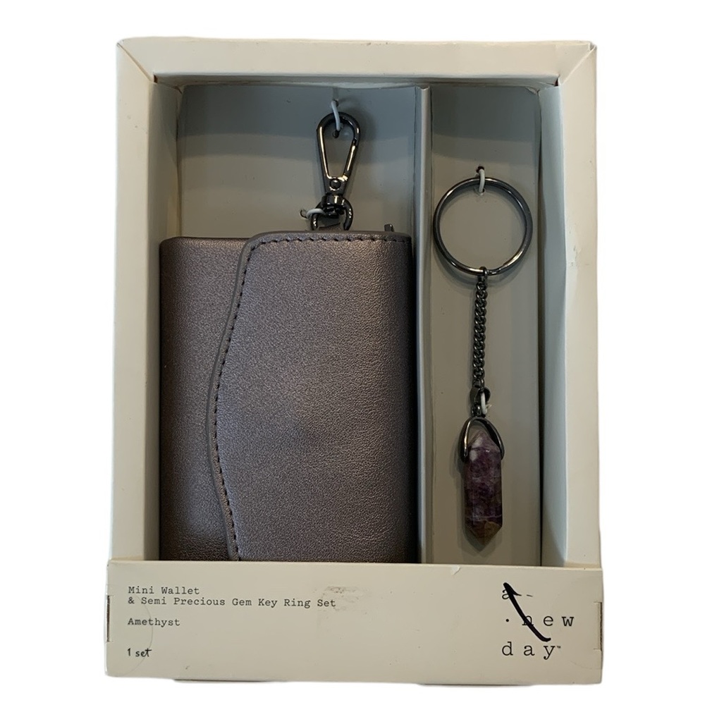 A New Day Metallic Gray Mini Wallet & Semi Precious Amethyst Gem Key Ring Set - Picture 1 of 13